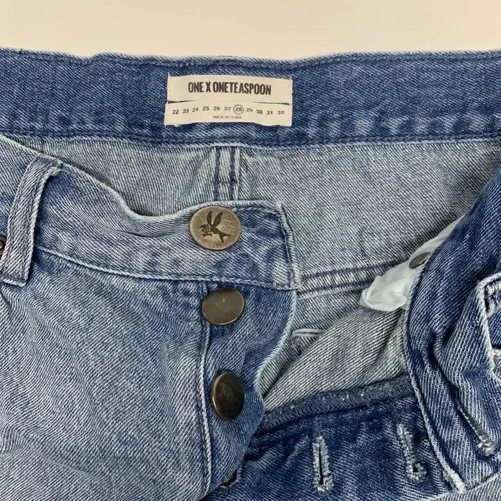One Teaspoon Bandits Denim Jean Shorts Button Fly Twisted Distressed Blue 28